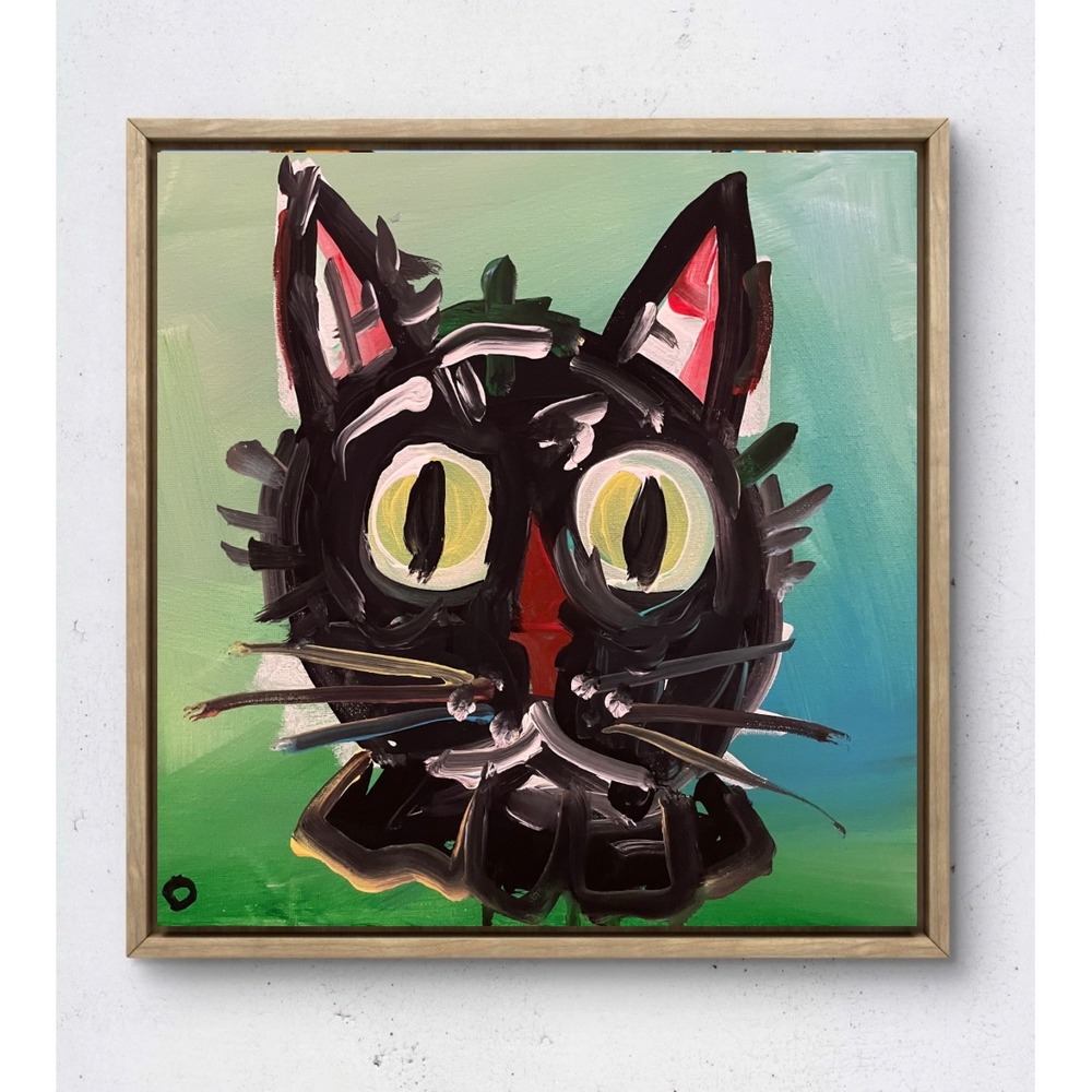OMAN Original Black Cat Painting 12x12 Impressionist Canvas Art Expressionist